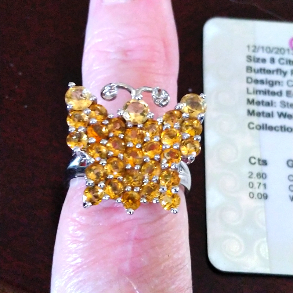 Size 8 Citrine White Topaz Butterfly Ring W/Certificate 925 Sterling Silver